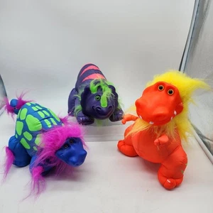 1992 My Kids Dino-trolls Lot of 3 T-Rex Ankylosaurus Plush Squeakers READ DESCRI - Picture 1 of 10