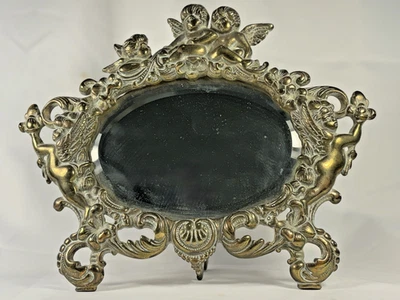 Antique Cast Brass Vanity Mirror Winged Cherub Griffin Design Ornate Victorian - Image 1 of 4