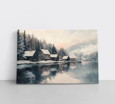 Winter Lakeside Village Wall Art Painting Print on Canvas Snowy Cabin Rustic - Image 1 of 4