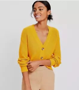 LOFT Women's Yellow-Gold Ribbed 100% Cotton Button-Up Knit Cardigan Sweater XL - Picture 1 of 5