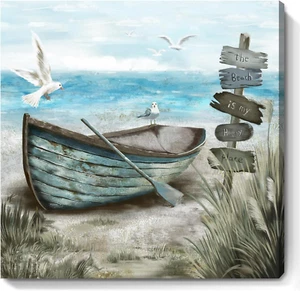 Bathroom Wall Art Coastal Décor Nautical Boat on Beach Canvas Picture Ocean Seag - Picture 1 of 12