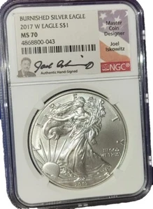 2017 W MS70 Silver Eagle Burnished NGC Iskowitz Flag Label - Picture 1 of 2