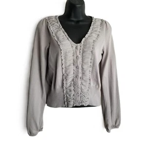 ELLE Womens Gray Ruched Button-Up Cardigan Sweater Cottagecore Soft Girl Size S - Picture 1 of 9