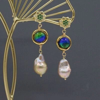 Freshwater Cultured Purple Keshi Pearl Blue Murano Glass Earrings For Lady - Image 1 of 4