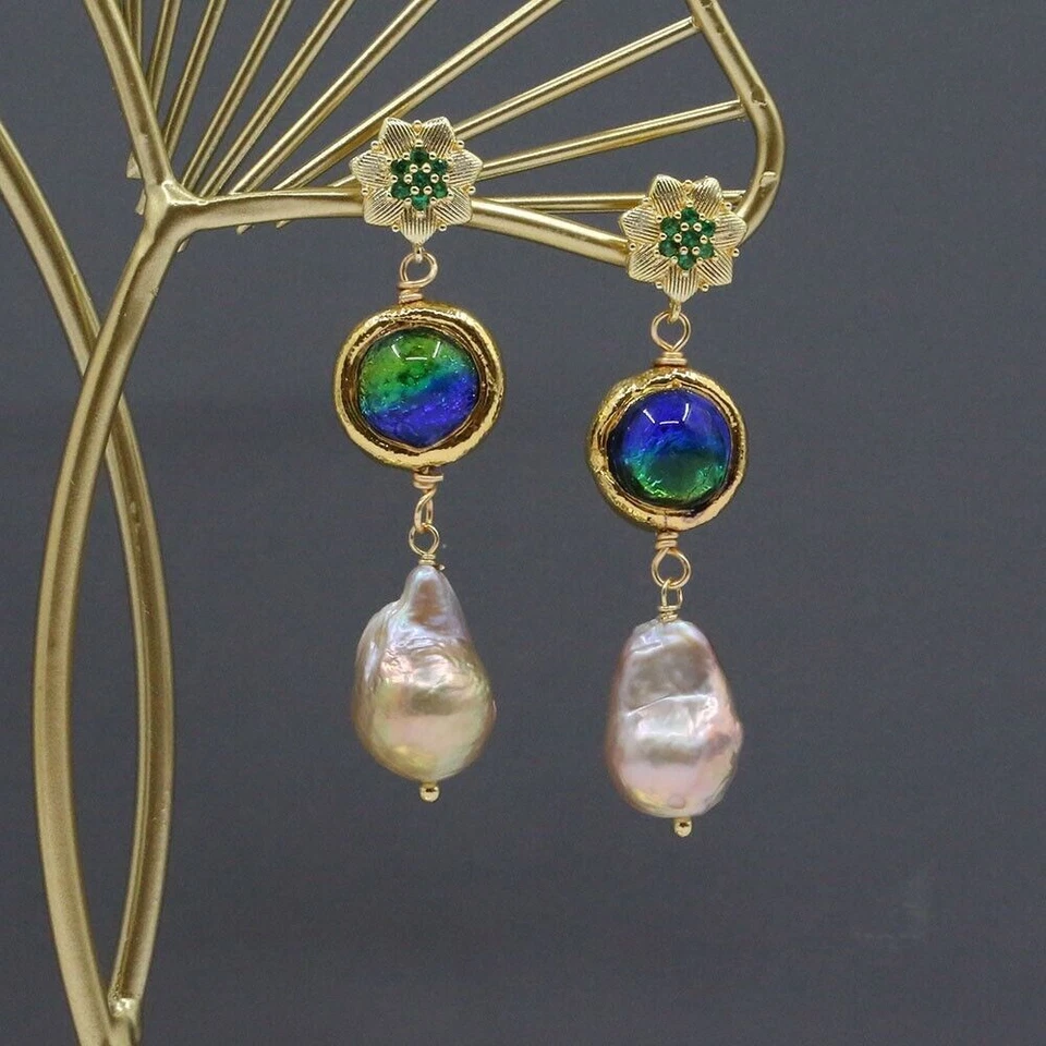 Freshwater Cultured Purple Keshi Pearl Blue Murano Glass Earrings For Lady - Image 1 of 4