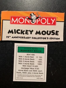 Monopoly   Mickey Mouse   RUNAWAY BRAIN   Title Deed Card   2004 - Picture 1 of 4