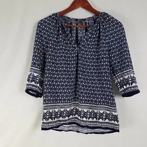 Soiree Shirt Womens Small Blue Top Geometric 3/4 Sleeve Split Neck Blouse - Picture 1 of 10