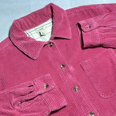 LL Bean Pink Thick Corduroy Plaid Lined Pocket Button Shirt Womens Petite Medium - Image 1 of 4