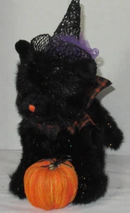 Russ Berrie Halloween black glitter witch cat kitten BURNSIDE bow collar pumpkin - Picture 1 of 6