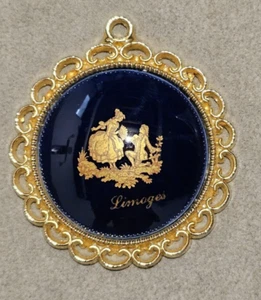 Limoges Cobalt Blue Gold Courting Couple Porcelain Pendant Round Dome Estate - Picture 1 of 9