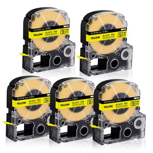 5PK Black on Yellow Tape Compatible with Epson LW-700 LK-3YBW KingJim SC9YW 3/8" - Imagen 1 de 10