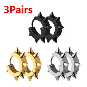 3 Pairs Stainless Steel Punk Earrings for Men Women Spike Huggie Hoop Earrings - Picture 1 of 17