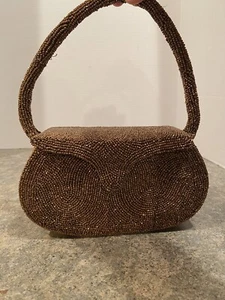 Copper Hand Beaded Vintage Walborg Box Purse Made In Belgium Silk Lined NICE - Picture 1 of 11
