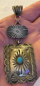 VINTAGE NATIVE AMERICAN STERLING & TURQUOISE LARGE HANGING CONCHA PENDANT - Picture 1 of 12