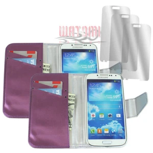 2X WALLET CASE COVER+SCREEN PROTECTOR POUCH PU LEATHER PURPLE FOR GALAXY S4 - Picture 1 of 2