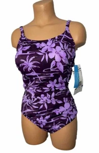 Ntg 90s NOS Jantzen Swimsuit  Sz 12 Pink Purple Tropical Flowers Hi Leg Floral - Picture 1 of 8