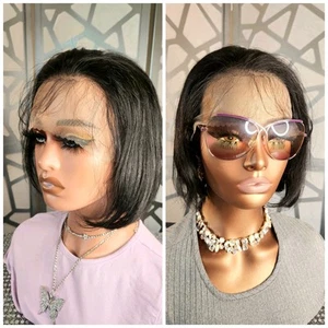 Black Wig 100% Human Hair Wig Short Straight Wig Freeparting 13x6 Human Wig - Picture 1 of 11