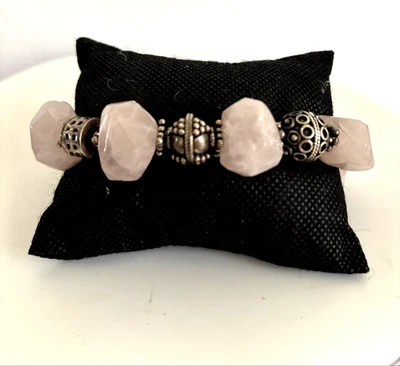 925 Пробы и коренастый реальный розовый кварц самородок браслет размер 8» - Изображение 1 из 4