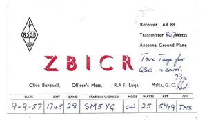 QSL ZB1CR Royal Air Force Luqa Malta 1957 Operator Clive Burchell Ham CW DX SWL - Bild 1 von 1
