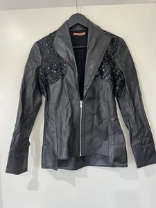 All That Remains Women Half Zip Close Blazer Sequin Shinny Black Leather Size 6 - Picture 1 of 11