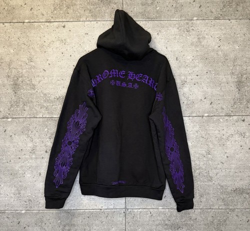 CHROME HEARTS RARA Felpa con Cappuccio Friends and Family CROME Cuori Nero Viola Glitter Tg L