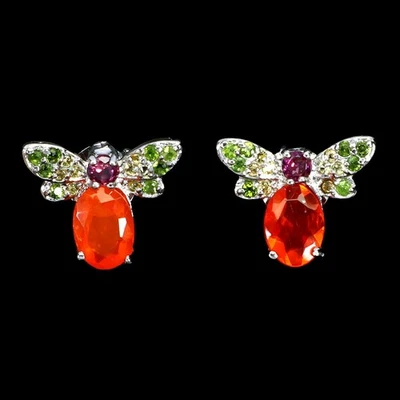 925 Sterling Silver Oval Earrings with Orange Opal (7x5mm) and Sapphire... - Image 1 of 4