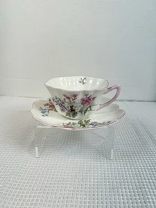 Taza de té y platillo Shelley vintage porcelana de hueso floral Inglaterra mango rosa B1 - Imagen 1 de 4