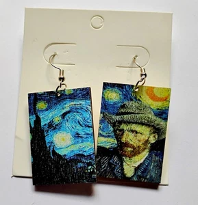 Van Gogh Starry Night Portrait Wood Dangle 1.5" Earrings New - Picture 1 of 3
