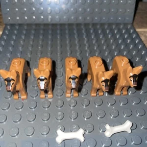 Lot Of 5 NEW Lego Minifig Pet POLICE DOG - Light Brown German Shepherd- 2 Bones - Picture 1 of 3