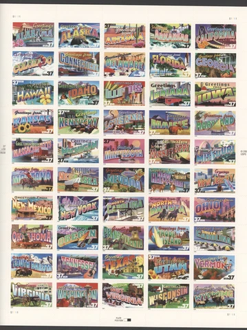 2002 US Scott# 3696-3745 37c Greetings from States, Complete Sheet of 50 MNH Cover