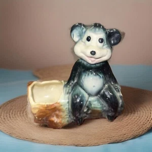 Vintage American Bisque Bear on Log Planter Wedge Bottom 6 Inch - Picture 1 of 5