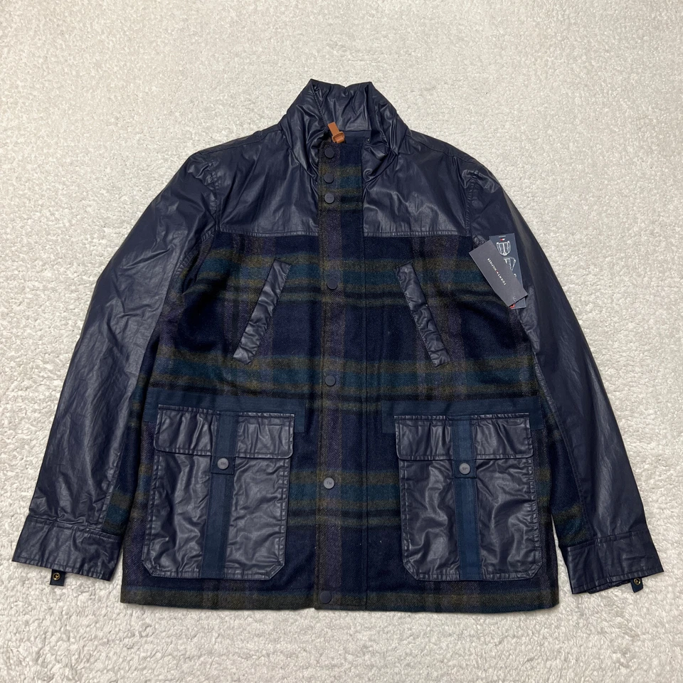 Tommy Hilfiger Chaqueta Hombre Grande Azul Marino Tartán Cuadros Lana Abrigo Ligero Cremallera Completa Foto 1 de 4