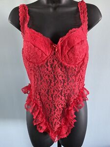 Vintage Teddy Silky Satin & Frilly Lace See Through Sheer Red Romper 