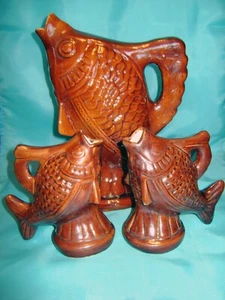 Rare pouring ceramic wine jug carafe decanter 2 mugs Fish Slavuta Ukraine USSR - Picture 1 of 9