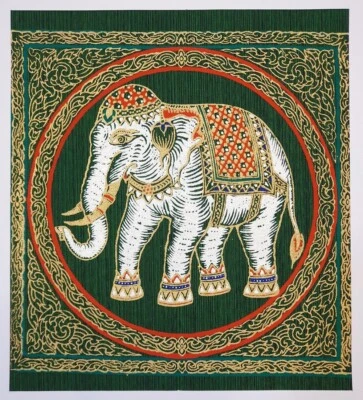 Green Thai Silk White Elephant Art Poster Printing Painting Asian Home Decor - Image 1 of 4