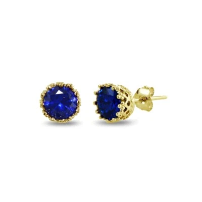 Or Jaune Flash Argent Sterling Created Saphir Bleu Couronne Boucles D'Oreilles - Imagen 1 de 3