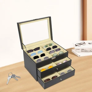24 Slots Sunglasses Storage Organizer Box Display Case Cabinet Black Glass new - Picture 1 of 11
