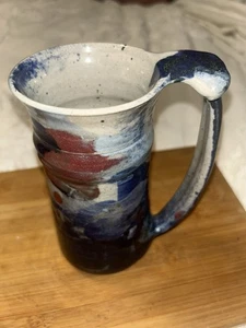 Handgefertigte Keramik Kaffeetasse Becher 16 Unzen türkis beige blau 7" hoch - Bild 1 von 10