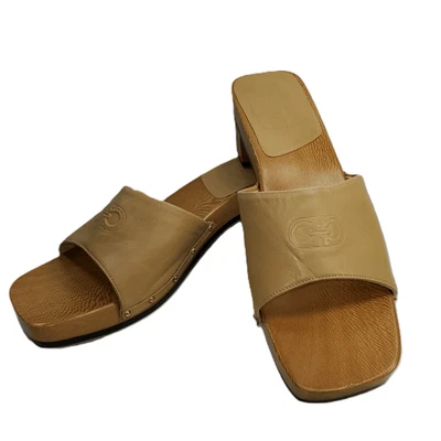 Salvatore Ferragamo Sandalia Cuero Mula Sandalia Zueco Madera 8.5 B - Hecho en Italia Foto 1 de 4