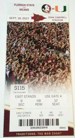 2017 Florida State Seminoles Miami Hurricanes Football Ticket Stub Cover