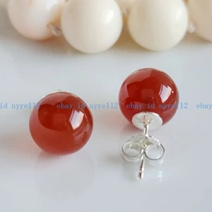 Natural Carnelian 10mm Ball Stud Earrings 925 Sliver - Picture 1 of 6