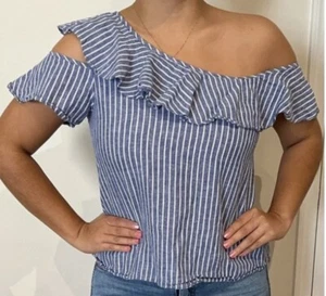 Top Madewell Algodón Lino Volantes Hombro Descubierto Rayas, Azul Blanco, 2 - Imagen 1 de 5