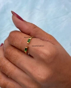 Tiny Emerald Gemstone Silver Ring Baguette Emerald Adjustable Ring For Her - Picture 1 of 6