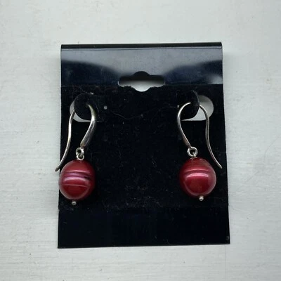 Sterling Silver 925 Cranberry Red Pearl Drop / Dangle Earrings  - Image 1 of 4
