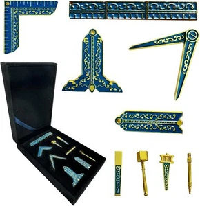 Juego de herramientas masónicas 9 piezas Bondi chapado en oro azul símbolo masónico conjunto en caja de exhibición - Imagen 1 de 8