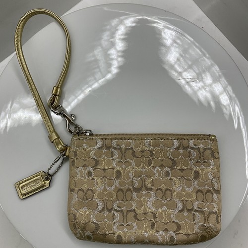 Coach Mini Signature Lurex Borsa da polso piccola oro argento 6""x4"" metallizzata