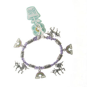 HOTI Hemp Handmade Pastel Purple Unicorn Rainbows Charm Bracelet Metal Beads NWT