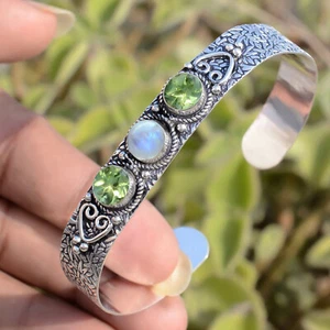 Blue Fire Moonstone, Peridot Gemstone Bracelet 925 Sterling Silver Cuff Bangle - Picture 1 of 8