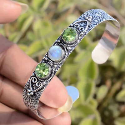 Blue Fire Moonstone, Peridot Gemstone Bracelet 925 Sterling Silver Cuff Bangle - Image 1 of 4