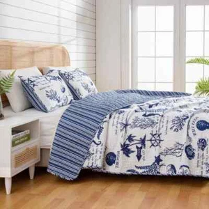 BEAUTIFUL BEACH BLUE AQUA WHITE SEASHELL NAUTICAL OCEAN COASTAL SOFT QUILT SET - Picture 1 of 2